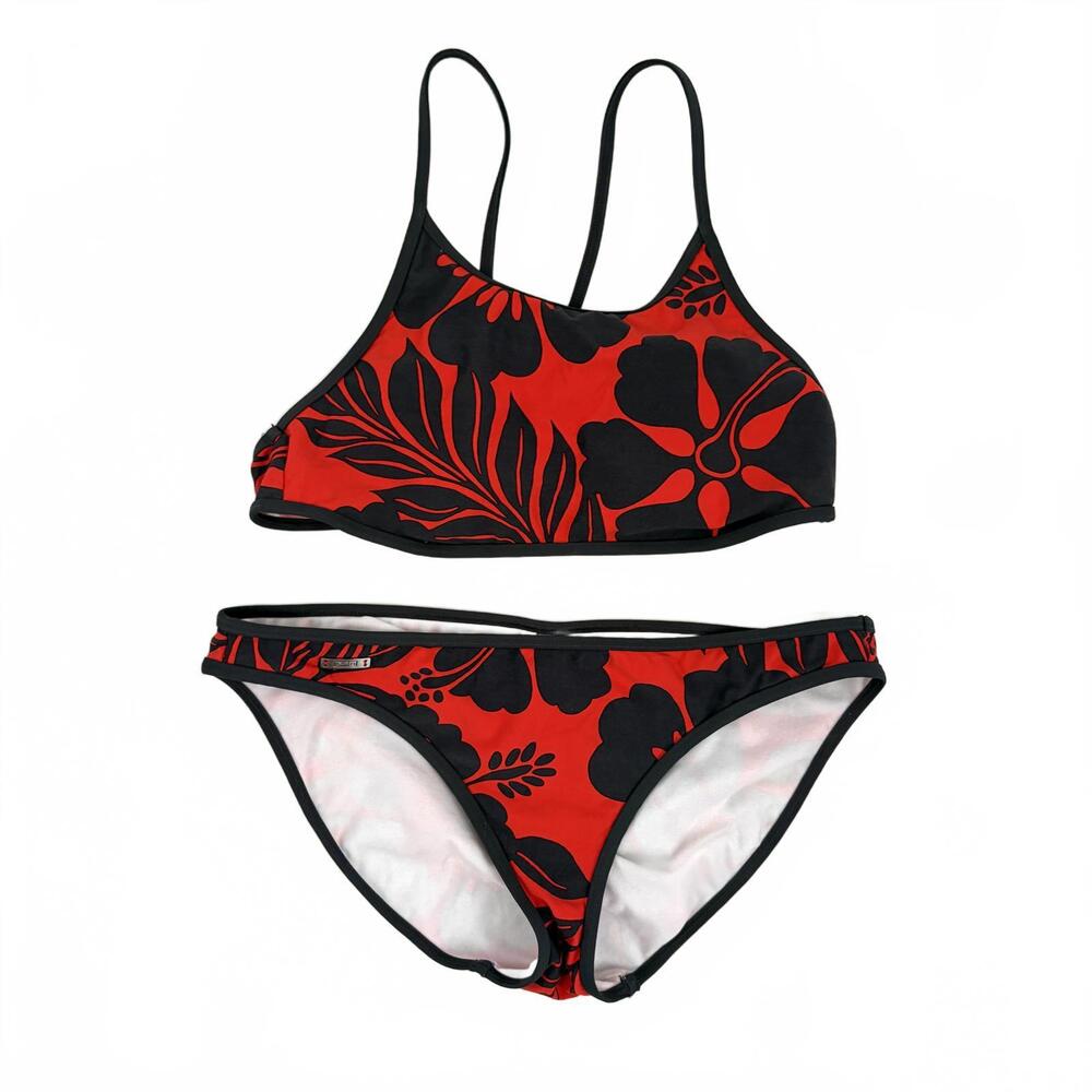 Speedo Axcelerate | 2 Piece Bikini Red Gray Floral‎ Tropical Racerback Size M